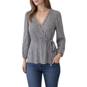 Old Navy Wrap-Front V-Neck Blouse Blue and White Striped Long Sleeve Size XS